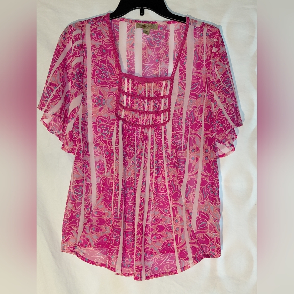 Nine West Vintage America Small Petite Floral Pink Blouse Butterfly Sleeve - Picture 1 of 5
